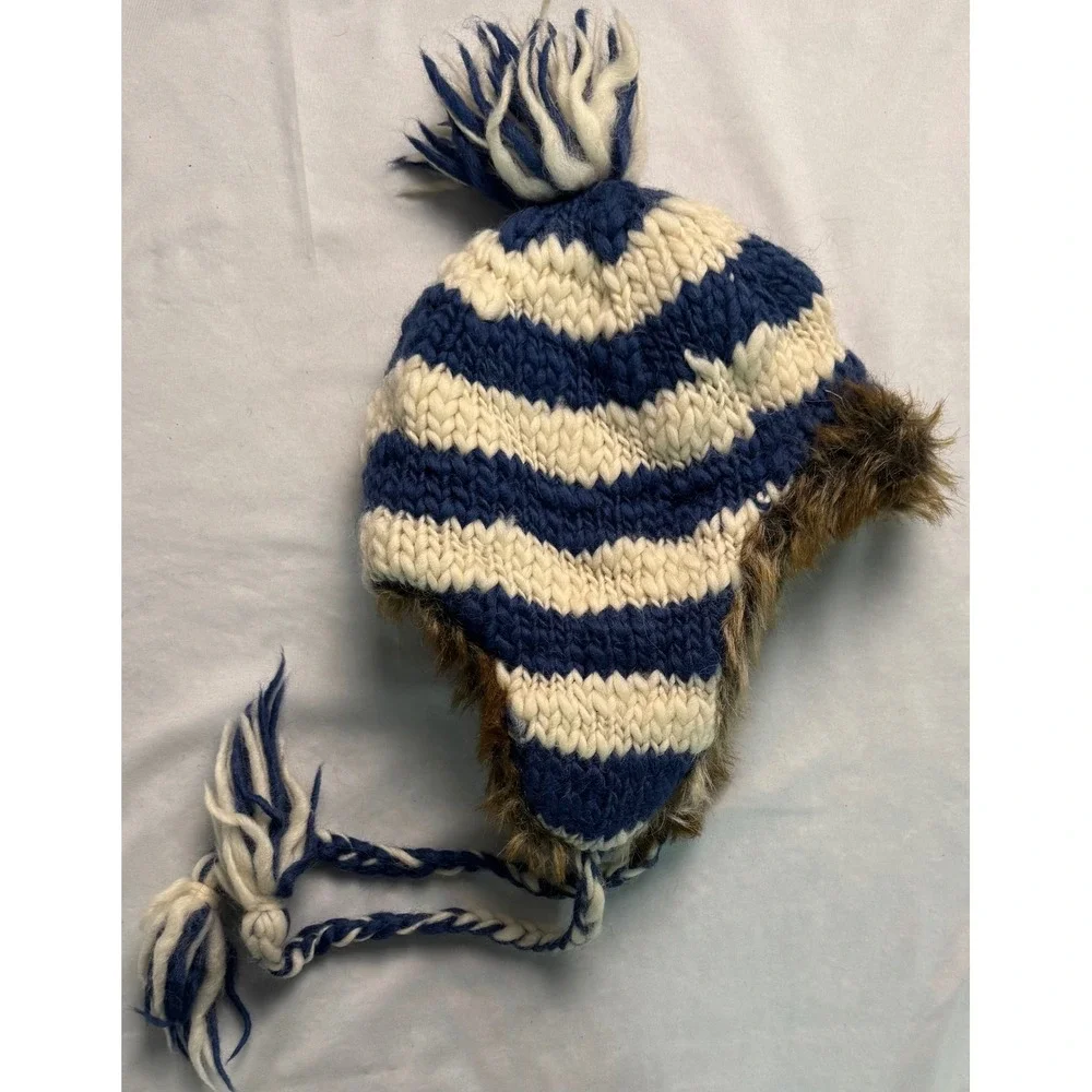 American Eagle Trapper Hat Blue Cream Striped Wool Alpaca Blend Faux Fur Trim